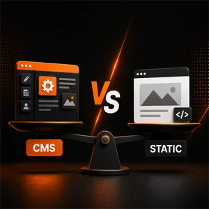 Illustration weighing a CMS website against a static website on balance scales