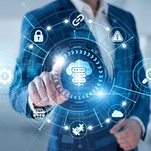 A person interacting with a digital interface representing website performance and security