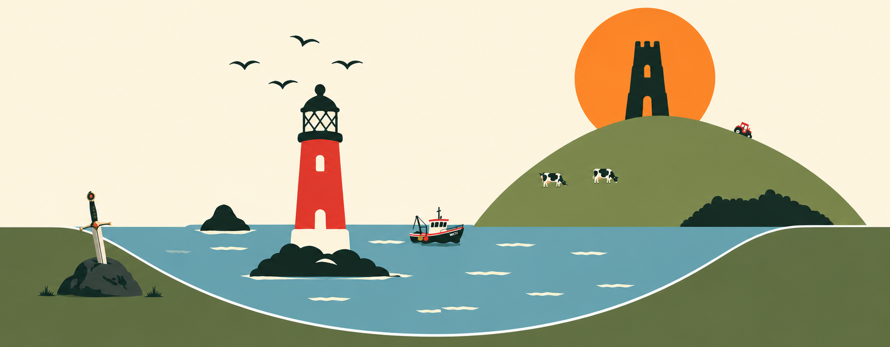 Illustrated West Country landscape with lighthouse, Glastonbury Tor, fishing boat, cows and rolling green hills by the sea