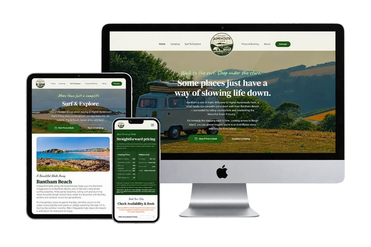 The new Higher Aunemouth Farm Camping Site website shown on desktop, tablet and mobile