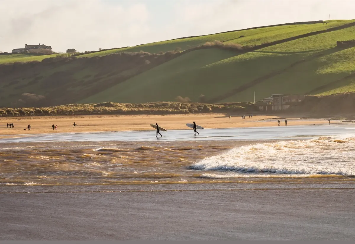 Surfing at Bantham, a short walk from Higher Aunemouth Farm