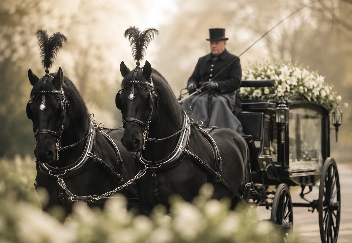 A horse-drawn hearse arranged by R Millard & Son