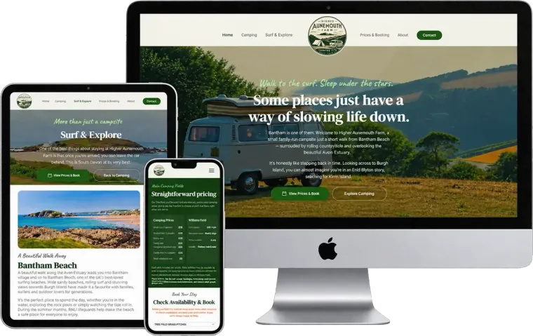 Aunemouth Camping website shown on desktop, tablet and mobile