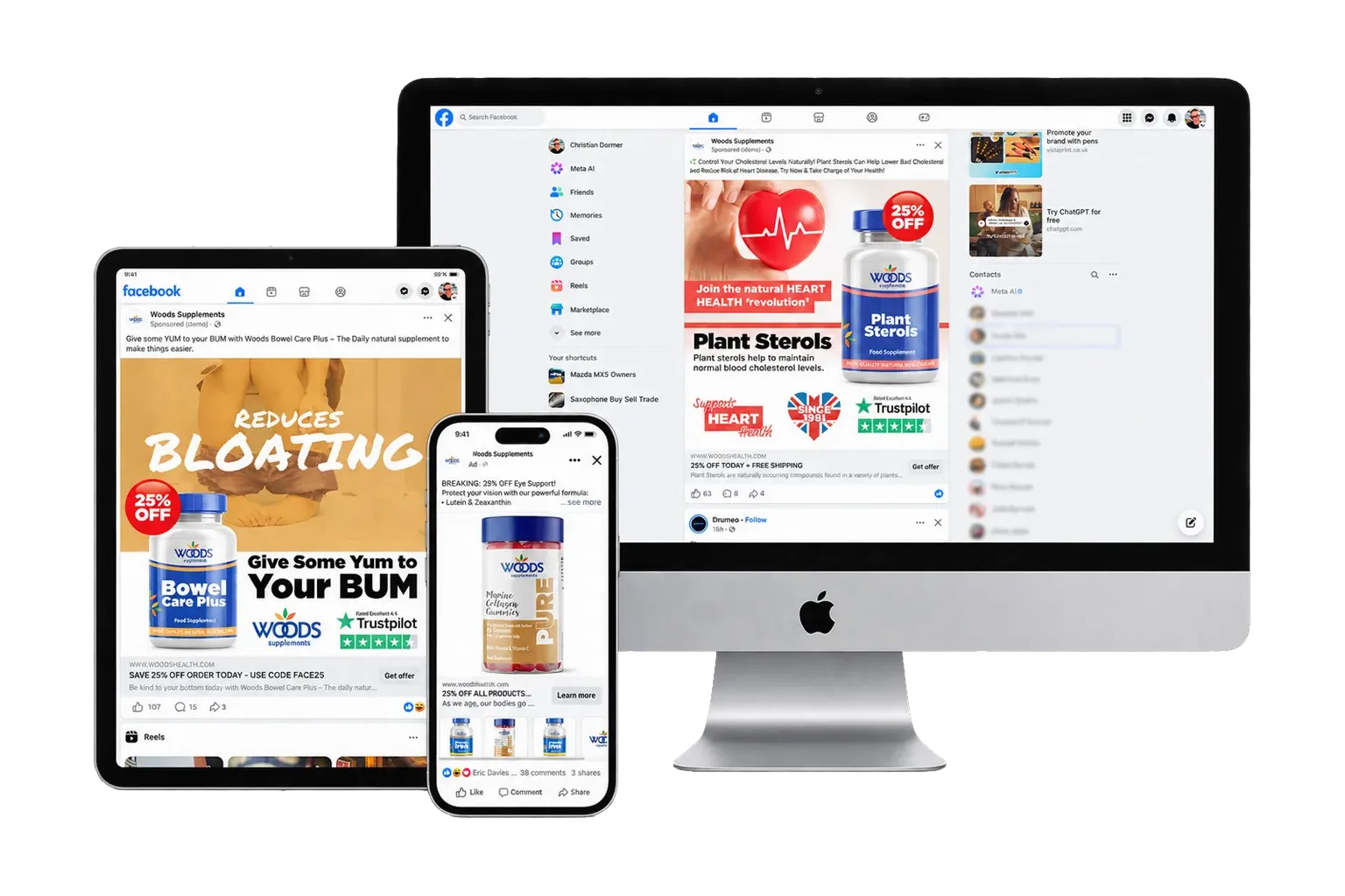 Woods Supplements Facebook adverts shown on desktop, tablet and mobile